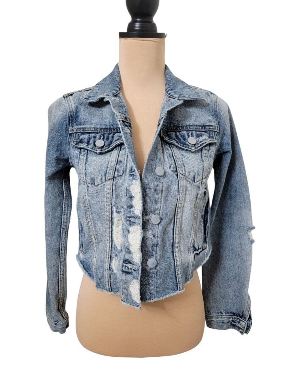 Aqua Size XS Blue Denim Cutoff, Curved Hem Jean Jacket, Heavy Distressing